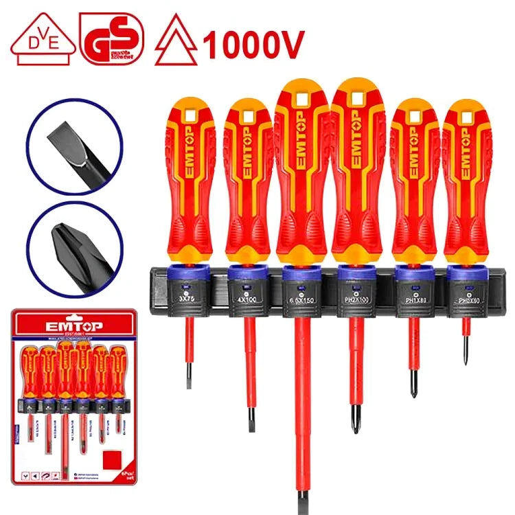 طقم مفكات كهربائي معزول مكون من 6 قطع EMTOP ESSTJS061