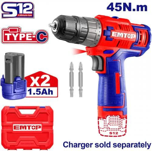 مثقاب لاسلكي EMTOP 12V ليثيوم أيون مع بطاريتين وحقيبة بلاستيكية