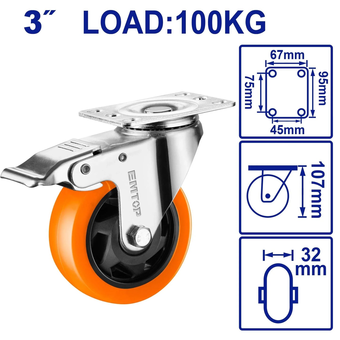 عجل قاعدة متحرك مع برك لون برتقالي 3 إنش EMTOP EMJL2333