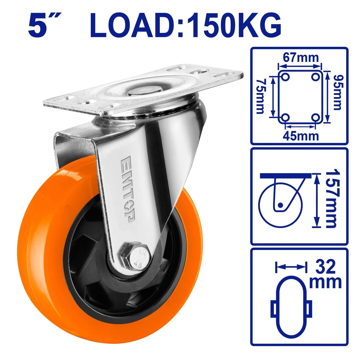 عجل قاعدة متحرك لون برتقالي 5 إنش EMTOP EMJL2352