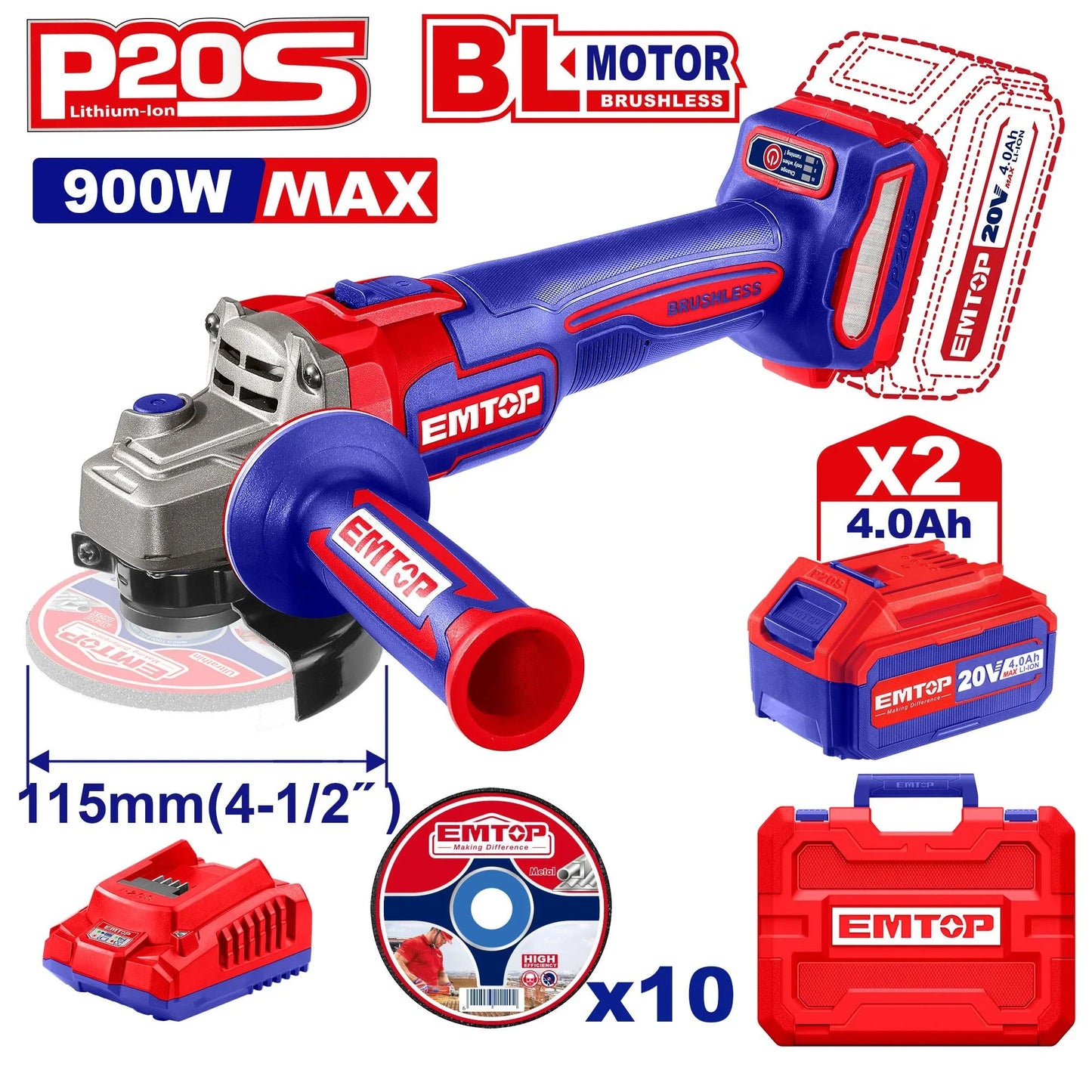 ماكينة صنفرة وقطع زوايا لاسلكي EMTOP ELAG211542 20V