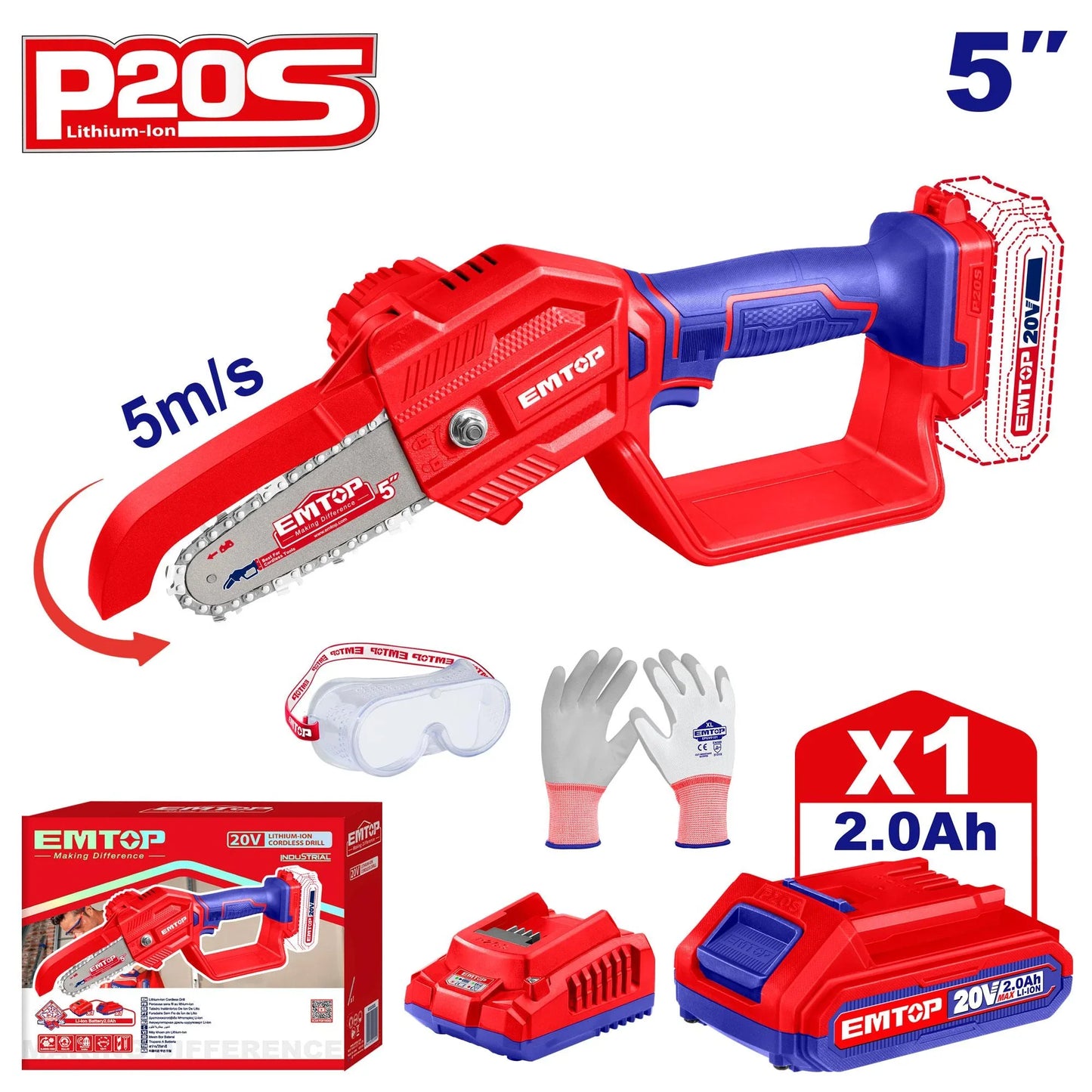 منشار تقليم لاسلكي يعمل بالبطارية بجهد 20 فولت - EMTOP ELGA20581