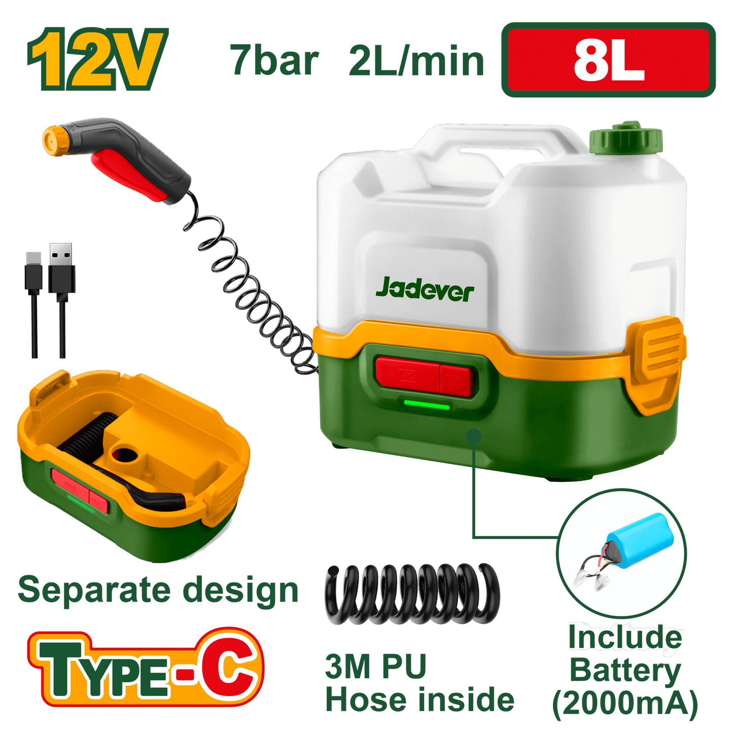 غسالة ضغط شحن بجهد 12 فولت - خزان 8 لتر مع شحن USB-C وإيقاف تلقائي من جادايفر