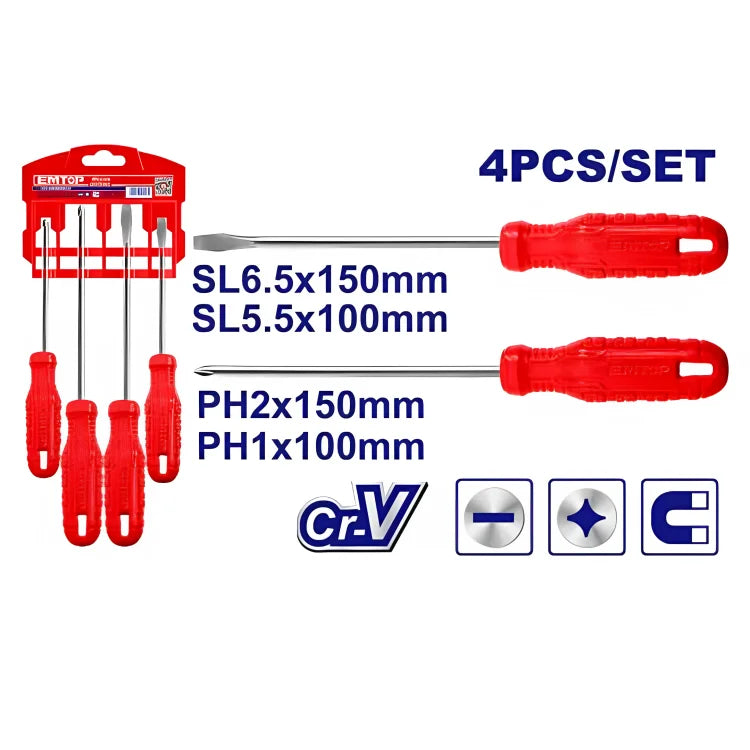 طقم مفكات مصلب و عادي مكون من 4 قطع EMTOP ESST0401