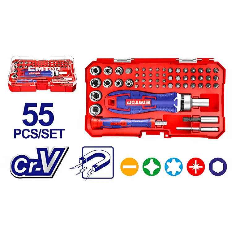 طقم مفك مع لقم مكون من 55 قطعة EMTOP EBST05502