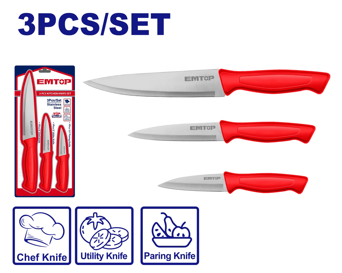 مجموعة سكاكين للمطبخ من الستانلس ستيل EMTOP EMKK1K31 مكونة من 3 قطع