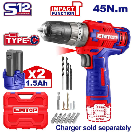 مثقاب EMTOP اللاسلكي بقوة 12V ليثيوم أيون