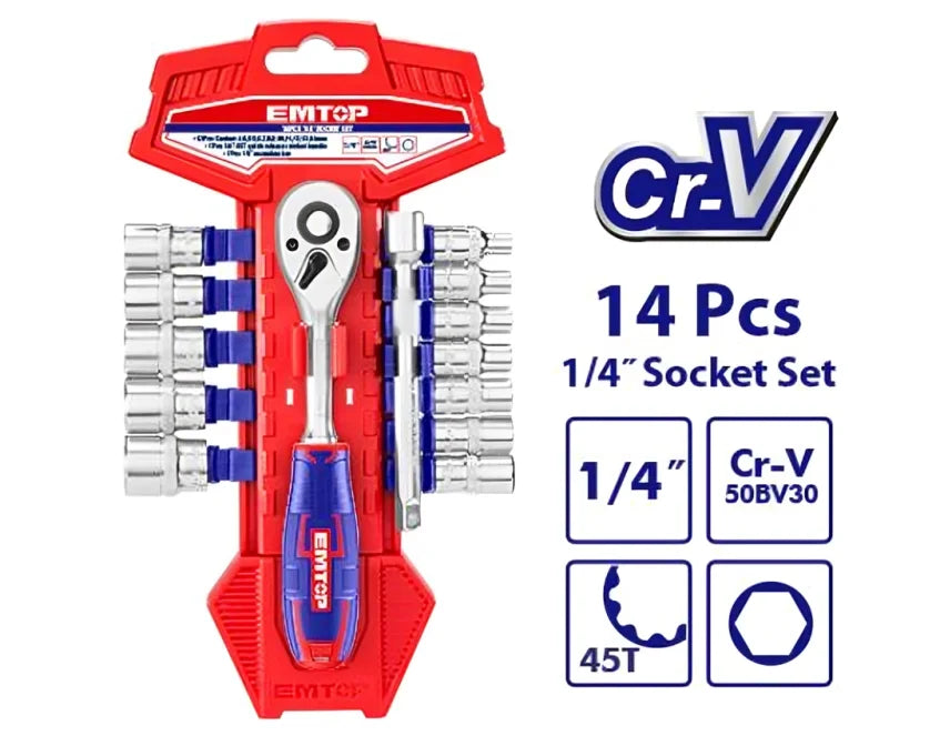 طقم مفاتيح مقبس 1/4 بوصة – 14 قطعة – EMTOP ESKT14141