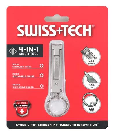 أداة العناية الشخصية 4 في 1 من الستانلس ستيل مع قصافة أظافر – Swiss+Tech ST10629 | Swiss+Tech ST10629 4-in-1 Stainless Steel Personal Care Multi-Tool with Nail Clippers & File