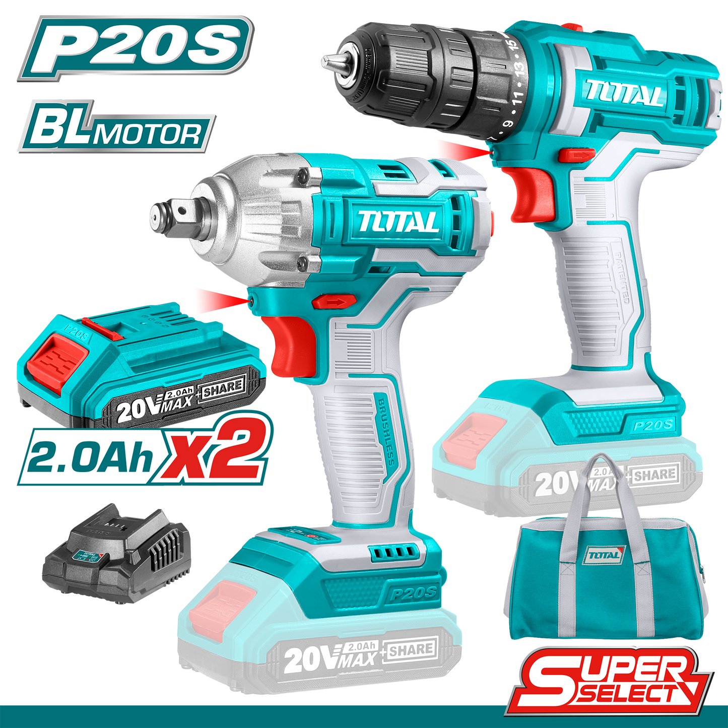 دريل شحن + دريل بوكسات مع 2 بطارية 20 فولت وشاحن من TOTAL