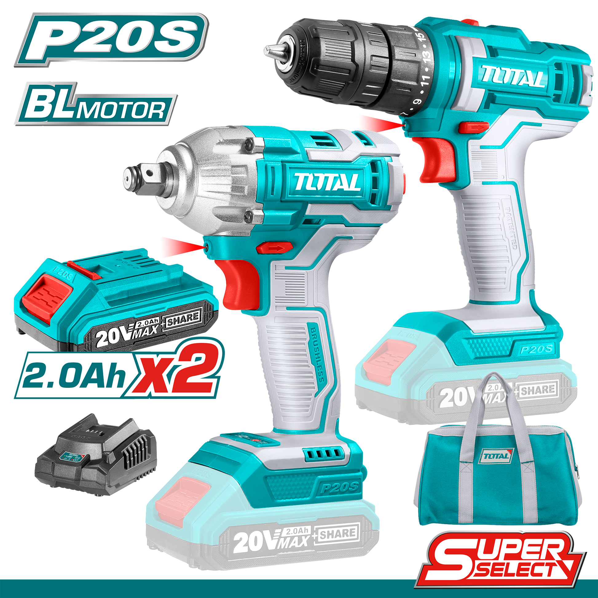 دريل شحن + دريل بوكسات مع 2 بطارية 20 فولت وشاحن من TOTAL