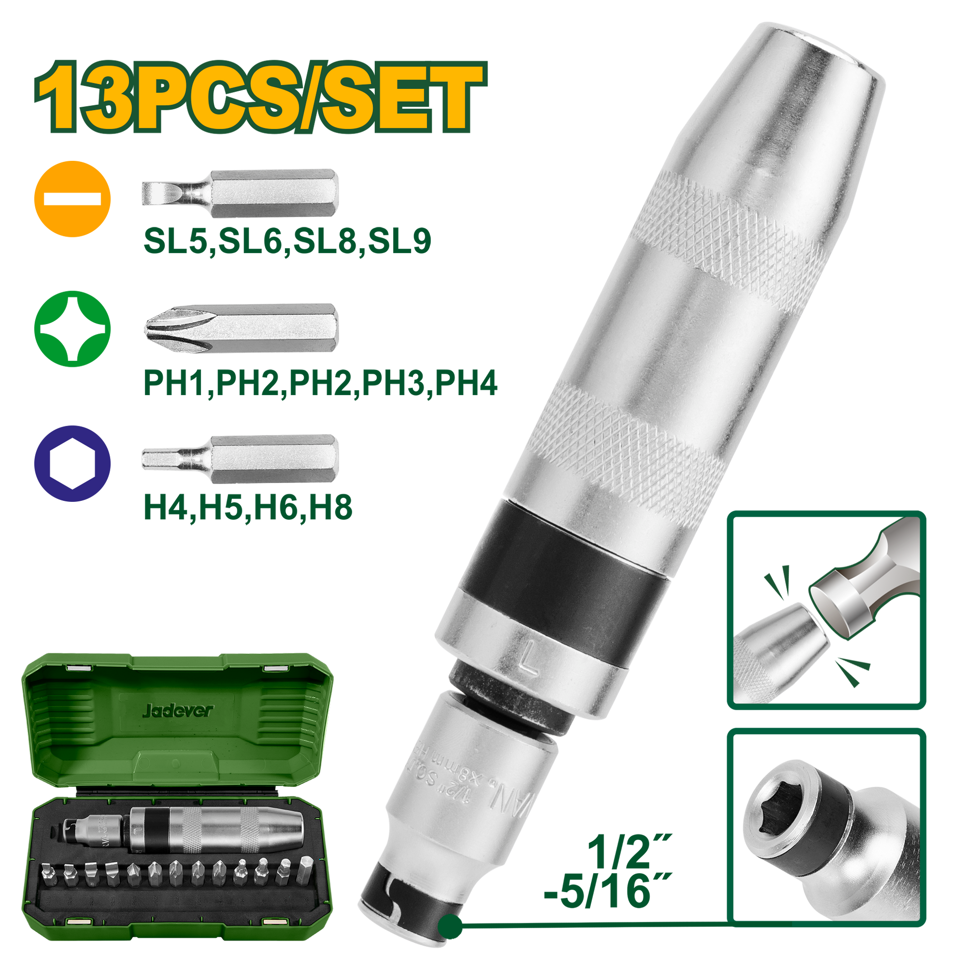 طقم مفكات طرب مع راسيات 13 قطعة من جادايفر -Jadever