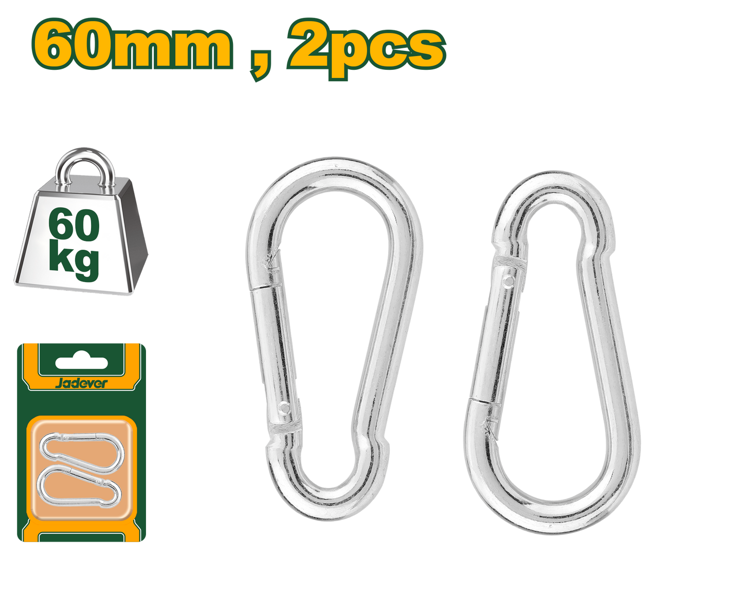 هوك تسلق من الفولاذ الكربوني مقاس 60 مم – مجموعة من قطعتين، 60 كجم من JADEVER