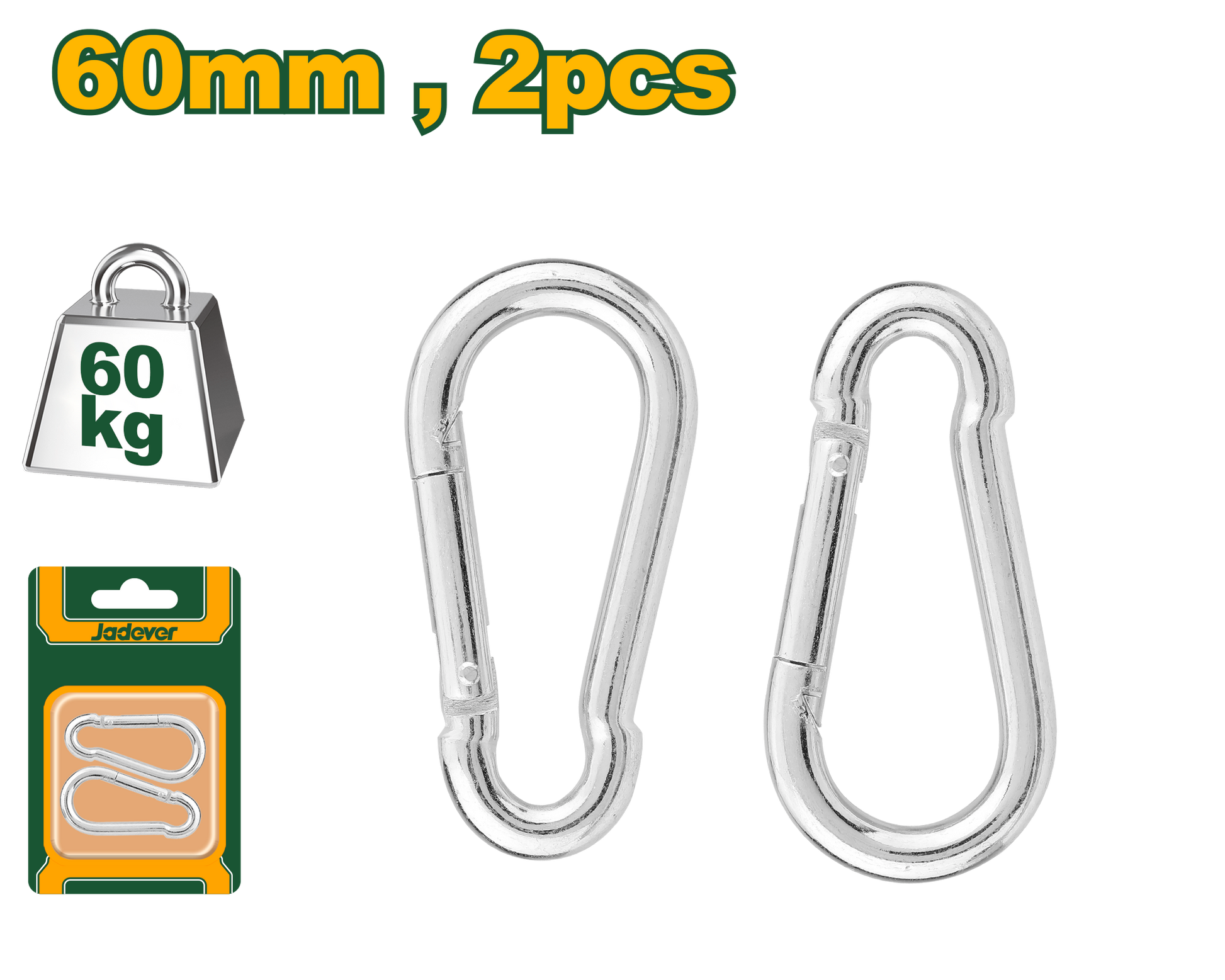 هوك تسلق من الفولاذ الكربوني مقاس 60 مم – مجموعة من قطعتين، 60 كجم من JADEVER