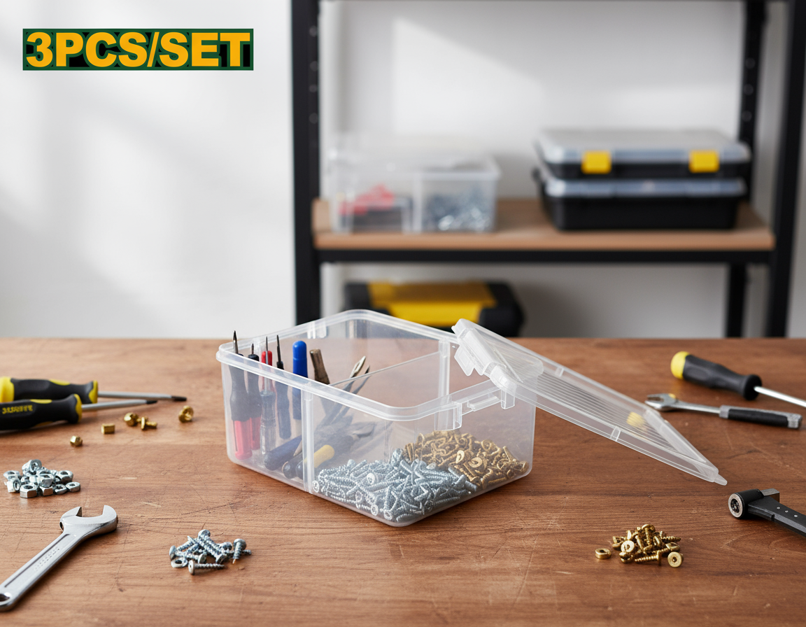 طقم علب تخزين بلاستيكية شفاف لتنظيم الأدوات والإكسسوارات