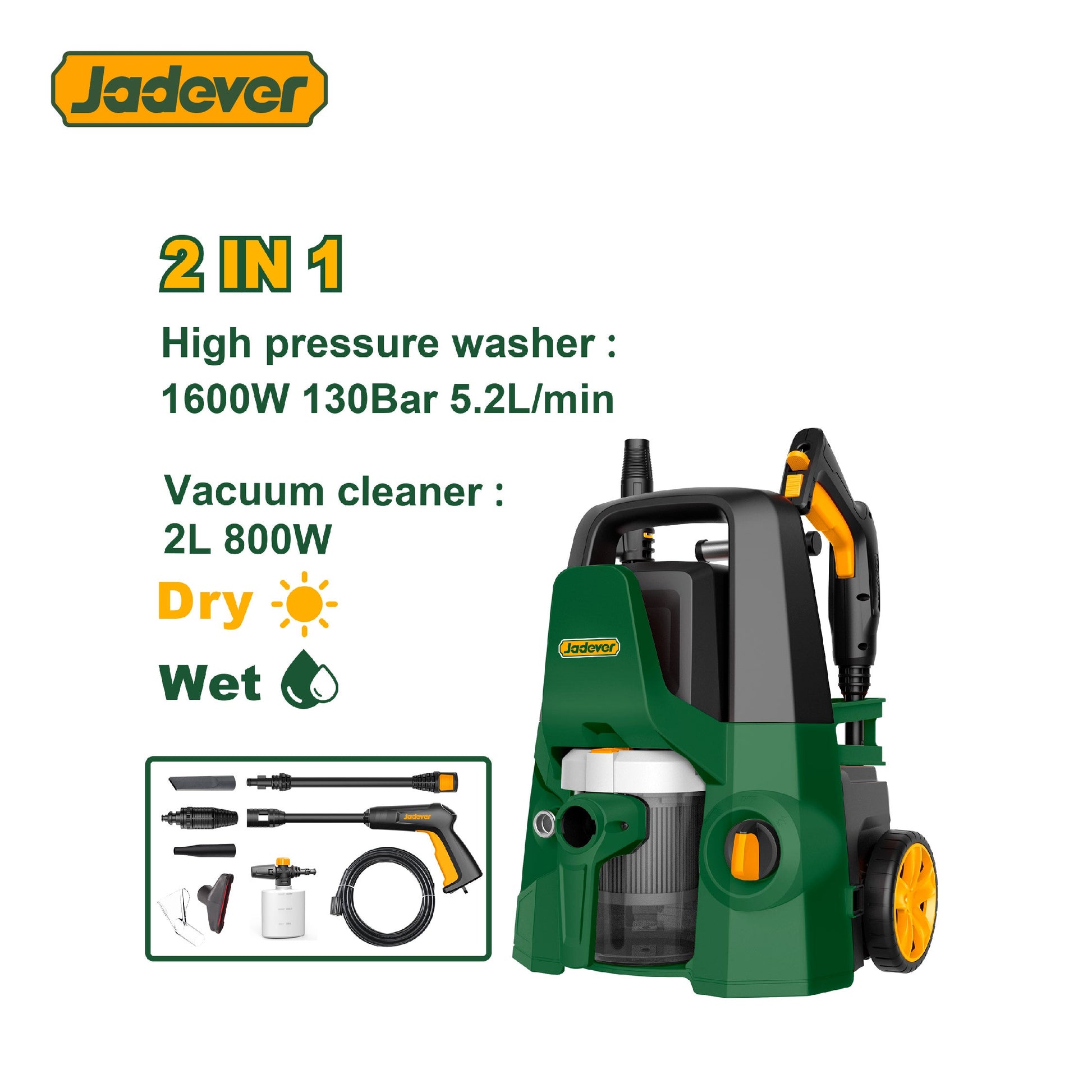 مضخة غسيل ماتور والمكنسة الكهربائية 130 بار 2 في 1 من جادايفر Jadever