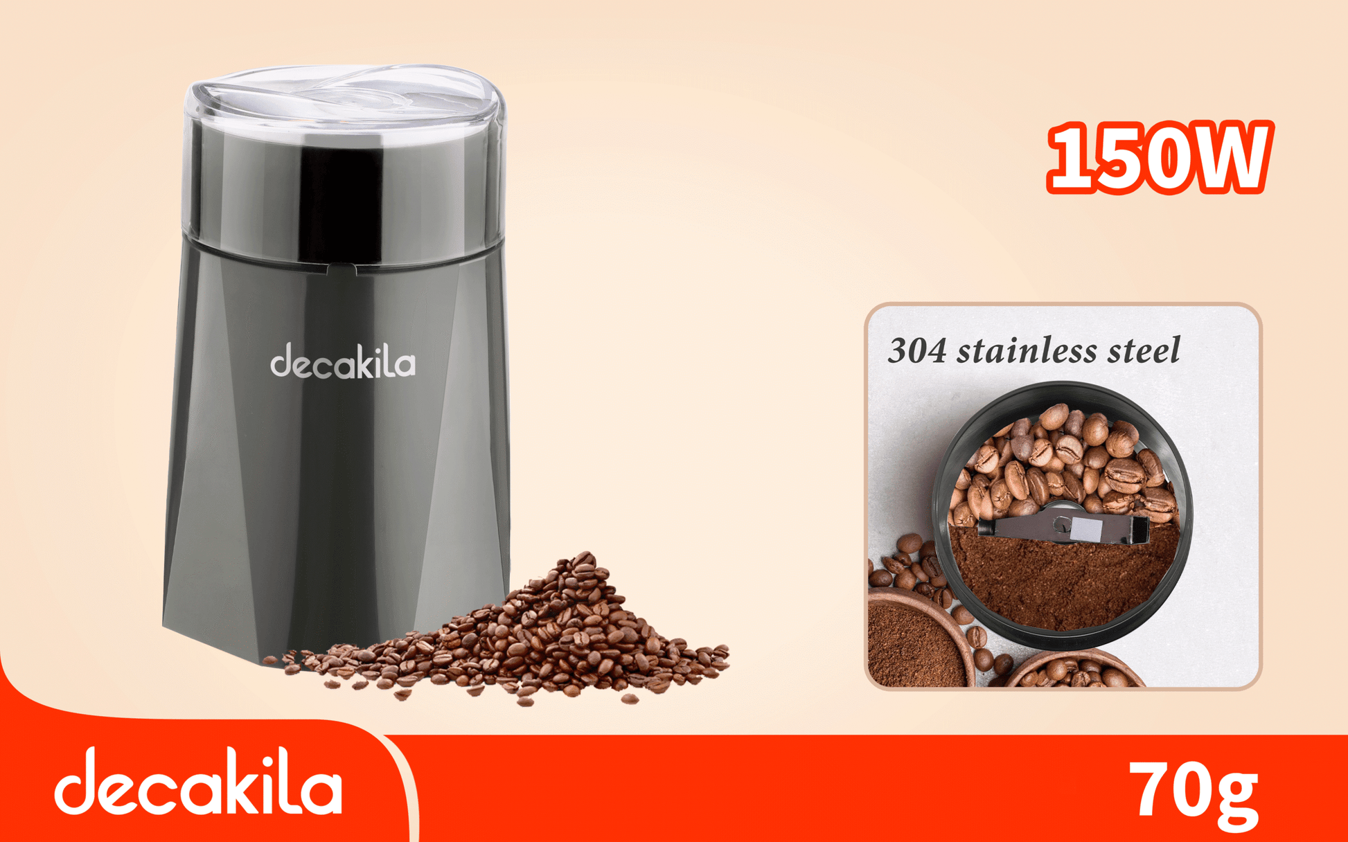 مطحنة قهوة كهربائية بقدرة 150 واط وسعة 70 جرام من دكاكيلا Decakila