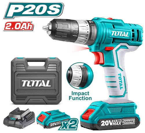 Total دريل شحن 20 مع شاكوش فولت - بطارية 2 امبير ليثيوم