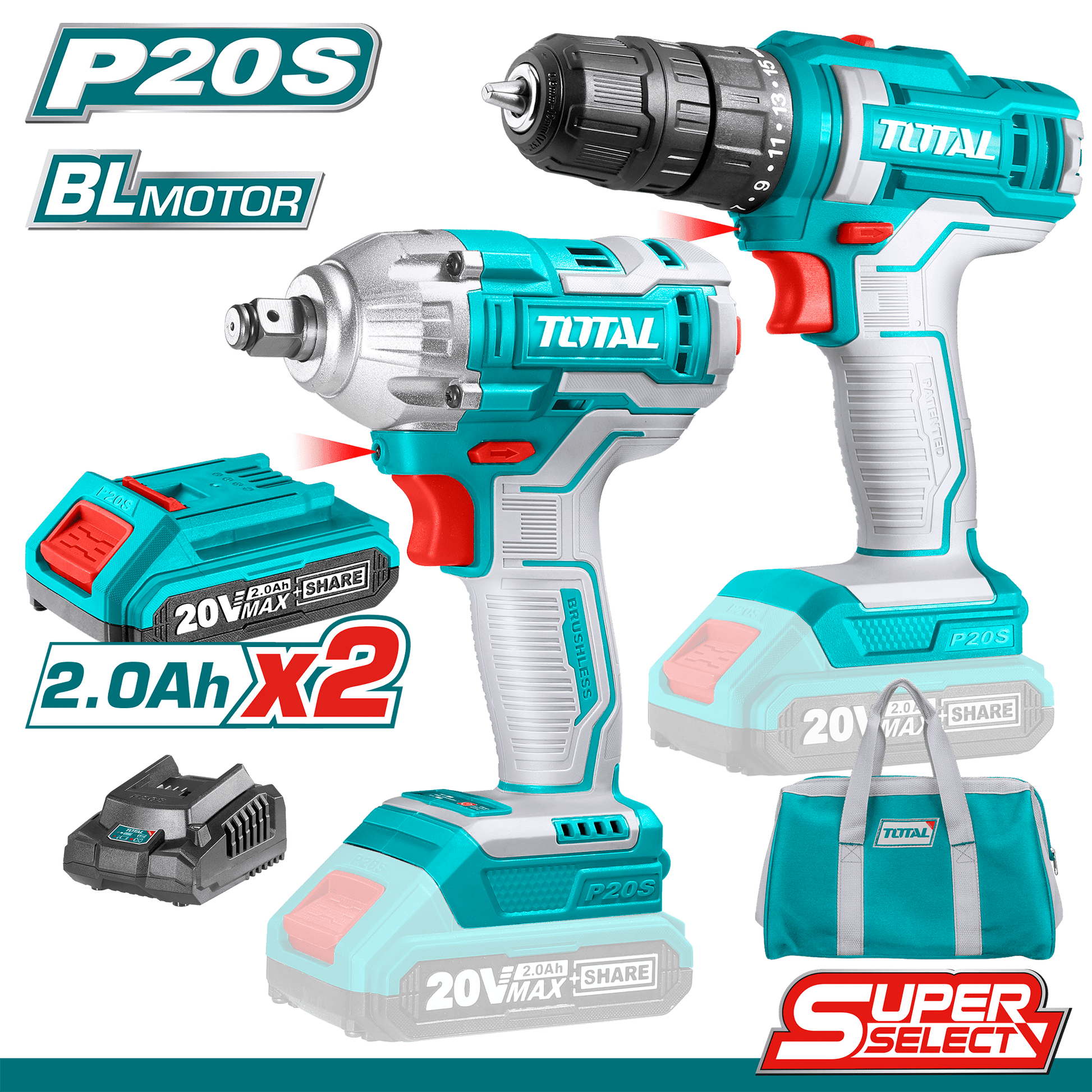 دريل شحن + دريل بوكسات مع 2 بطارية 20 فولت وشاحن من TOTAL - Smart Hack