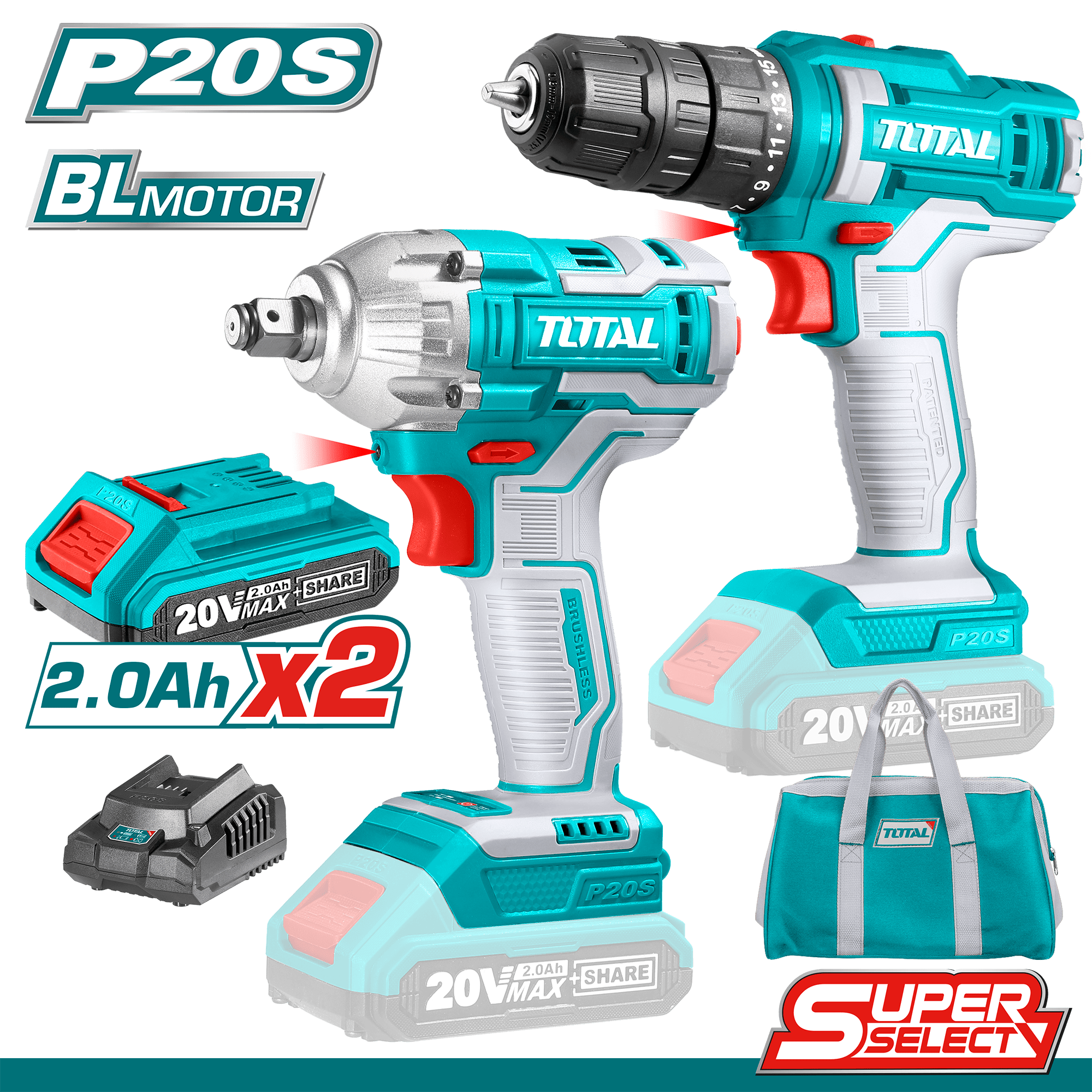 دريل شحن + دريل بوكسات مع 2 بطارية 20 فولت وشاحن من TOTAL - Smart Hack