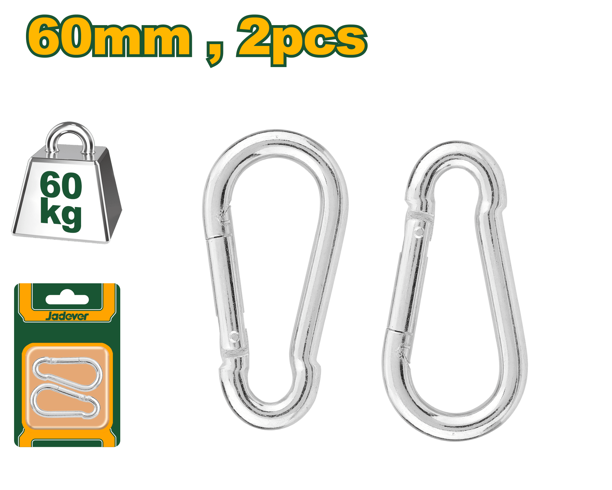 هوك تسلق من الفولاذ الكربوني مقاس 60 مم – مجموعة من قطعتين، 60 كجم من JADEVER - Smart Hack