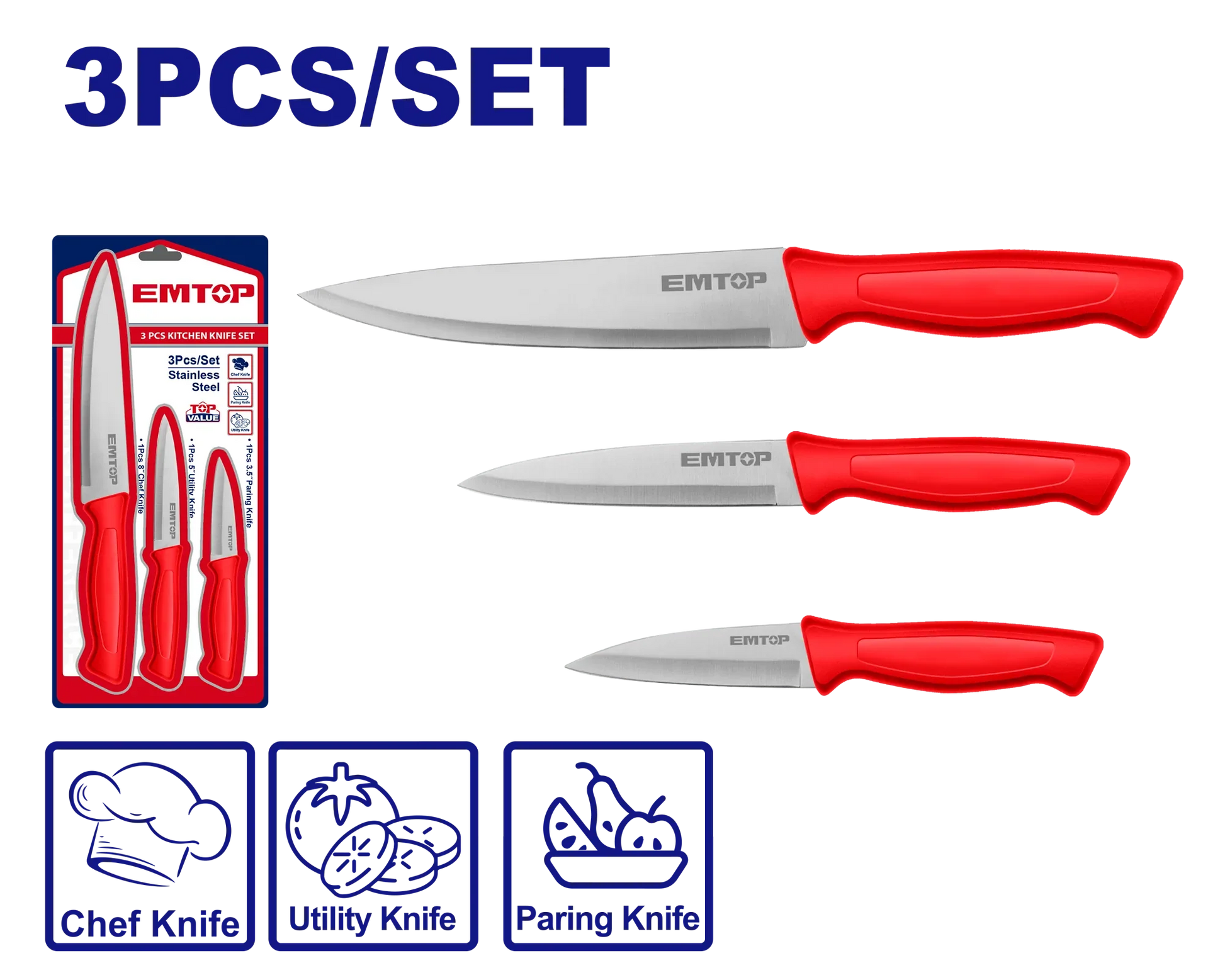 مجموعة سكاكين للمطبخ من الستانلس ستيل EMTOP EMKK1K31 مكونة من 3 قطع