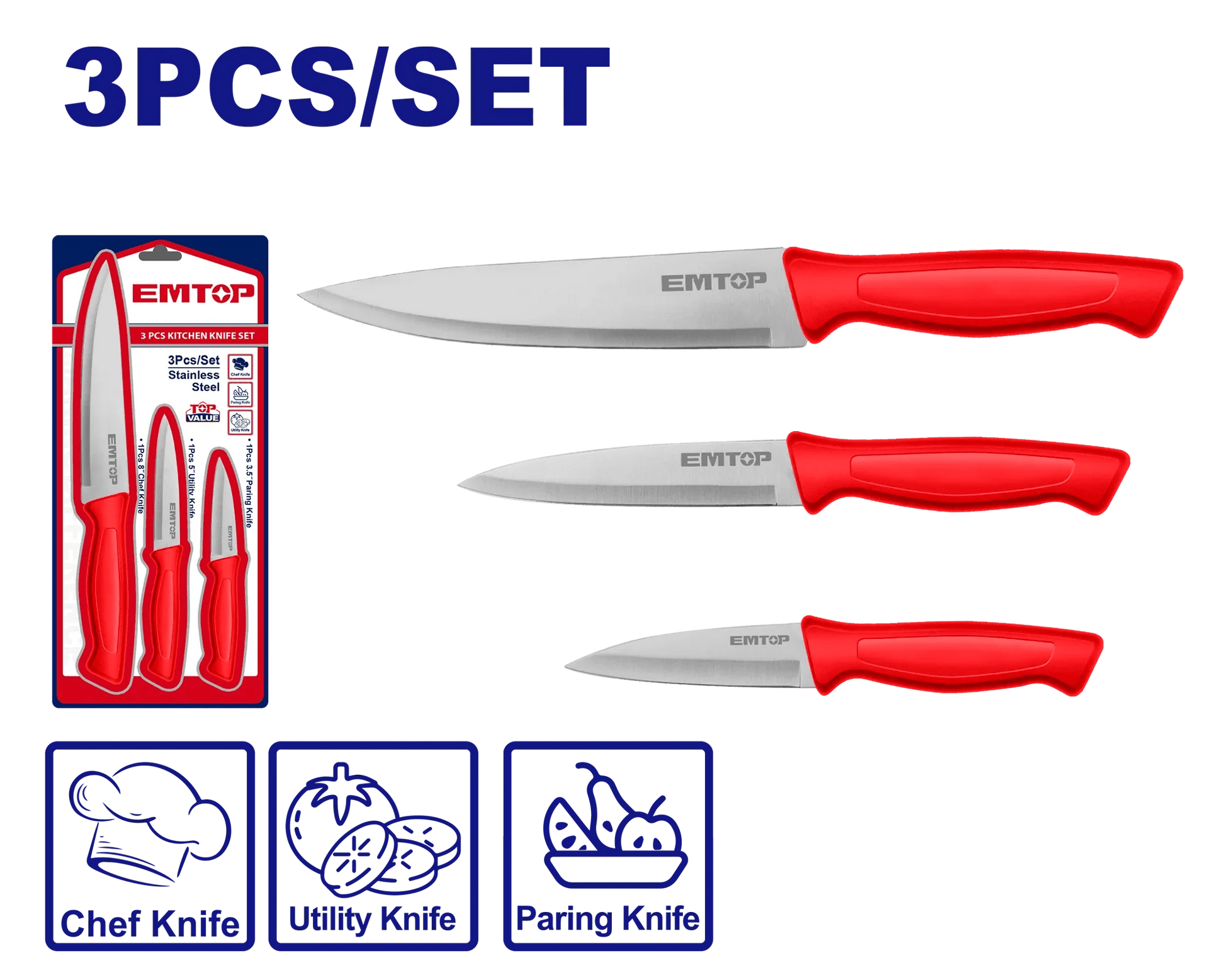 مجموعة سكاكين للمطبخ من الستانلس ستيل EMTOP EMKK1K31 مكونة من 3 قطع - Smart Hack