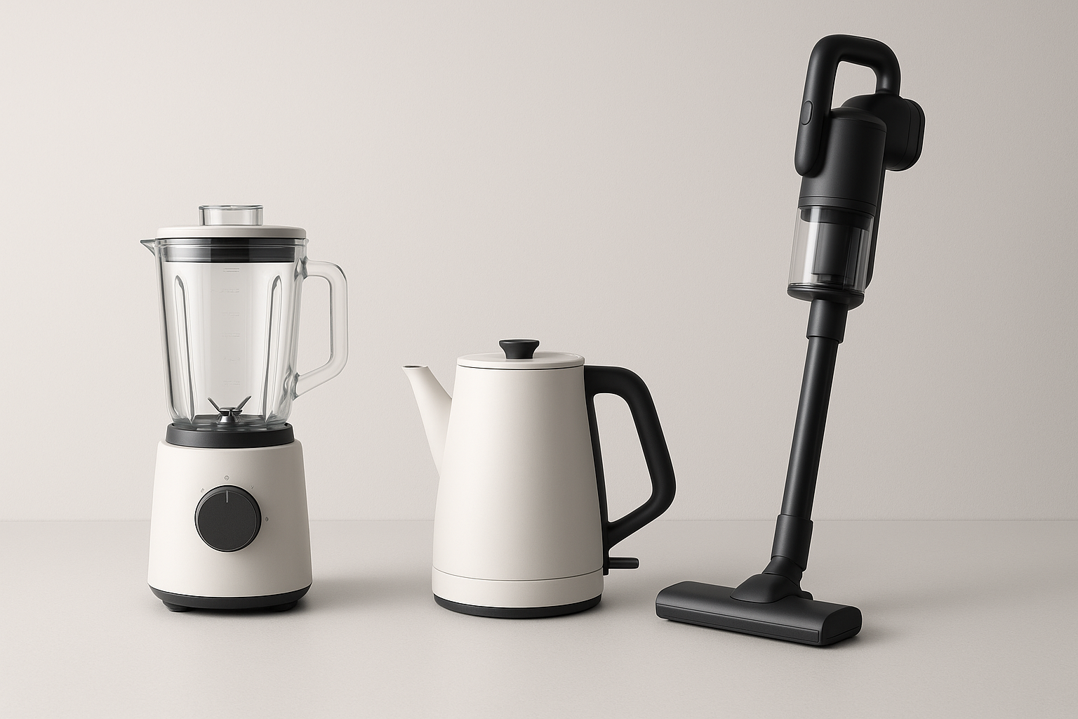 Minimal aesthetic home and kitchen appliances setup on a light gray background, including a blender, an electric kettle, and a vacuum cleaner. Professional catalog photo style, soft lighting, clean composition, modern home theme.