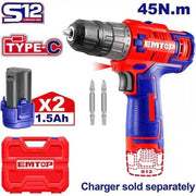 مثقاب لاسلكي EMTOP 12V ليثيوم أيون مع بطاريتين وحقيبة بلاستيكية - Smart Hack