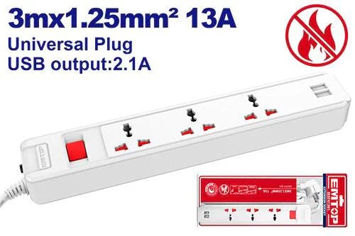 صلة كهرباء MK بثلاث مداخل و2 منفذ USB بطول 3 متر EMTOP EEST313U01 - Smart Hack