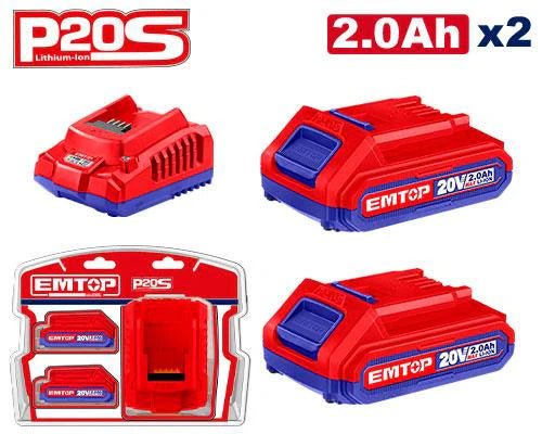 طقم بطاريتان مع شاحن سريع متوافق مع أدوات P20S | EMTOP ELBCPK1222 20V - Smart Hack