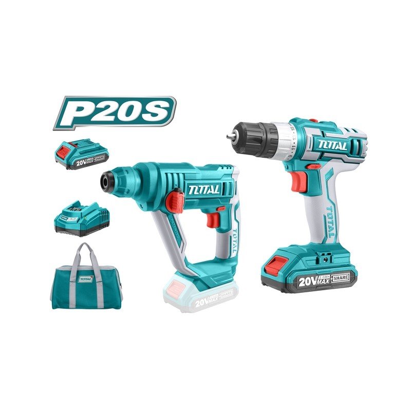 طقم دريل شحن 10 ملم و دريل همر مع بطارية 20 فولت ليثيوم عدد 2 - توتال - Smart Hack