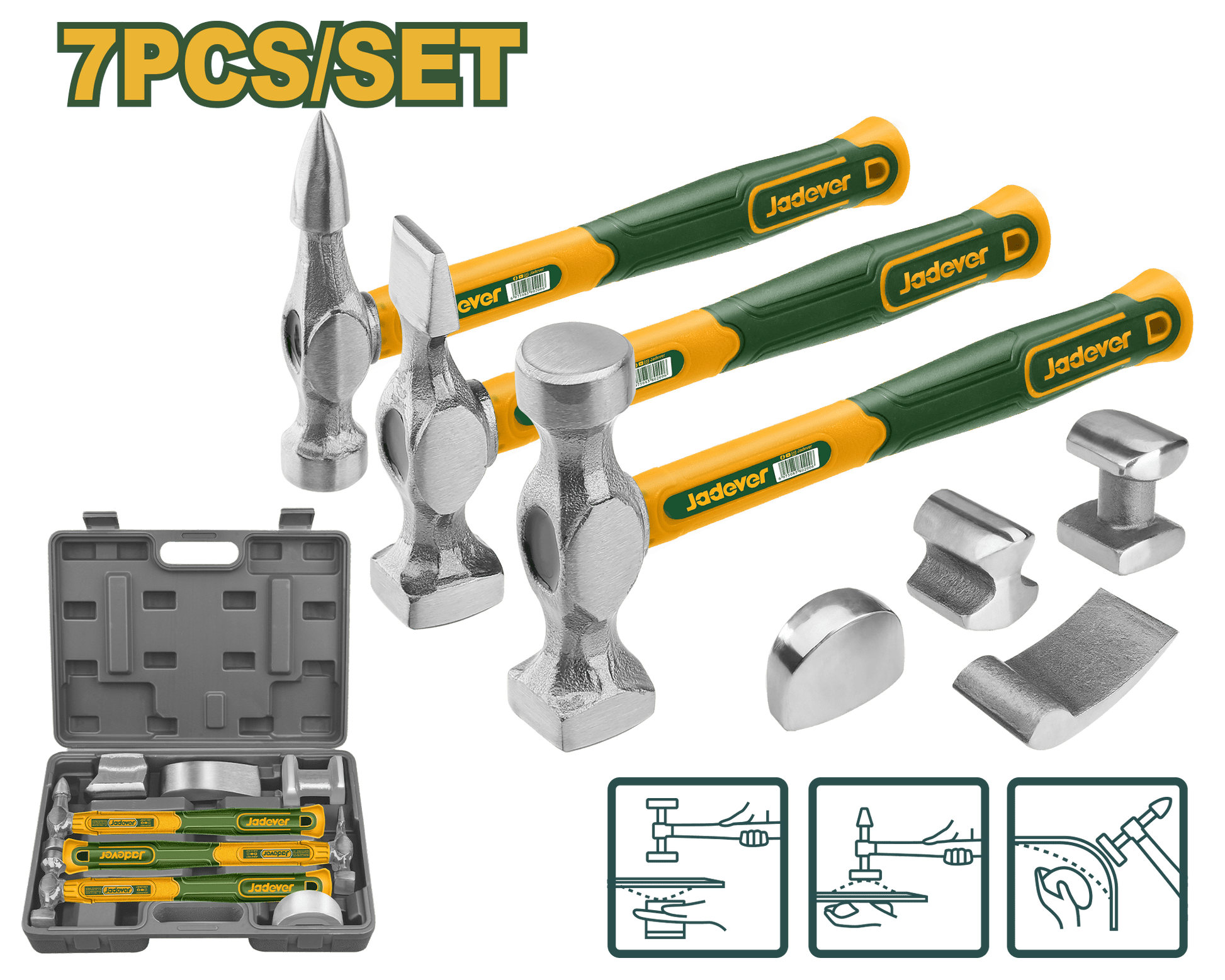 طقم مطارق و دوللي إصلاح هياكل السيارات مكون من 7 قطع بمقابض خشب من JADEVER - Smart Hack