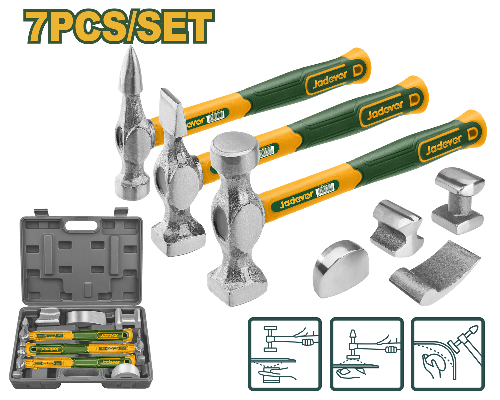 طقم مطارق و دوللي إصلاح هياكل السيارات مكون من 7 قطع بمقابض خشب من JADEVER - Smart Hack